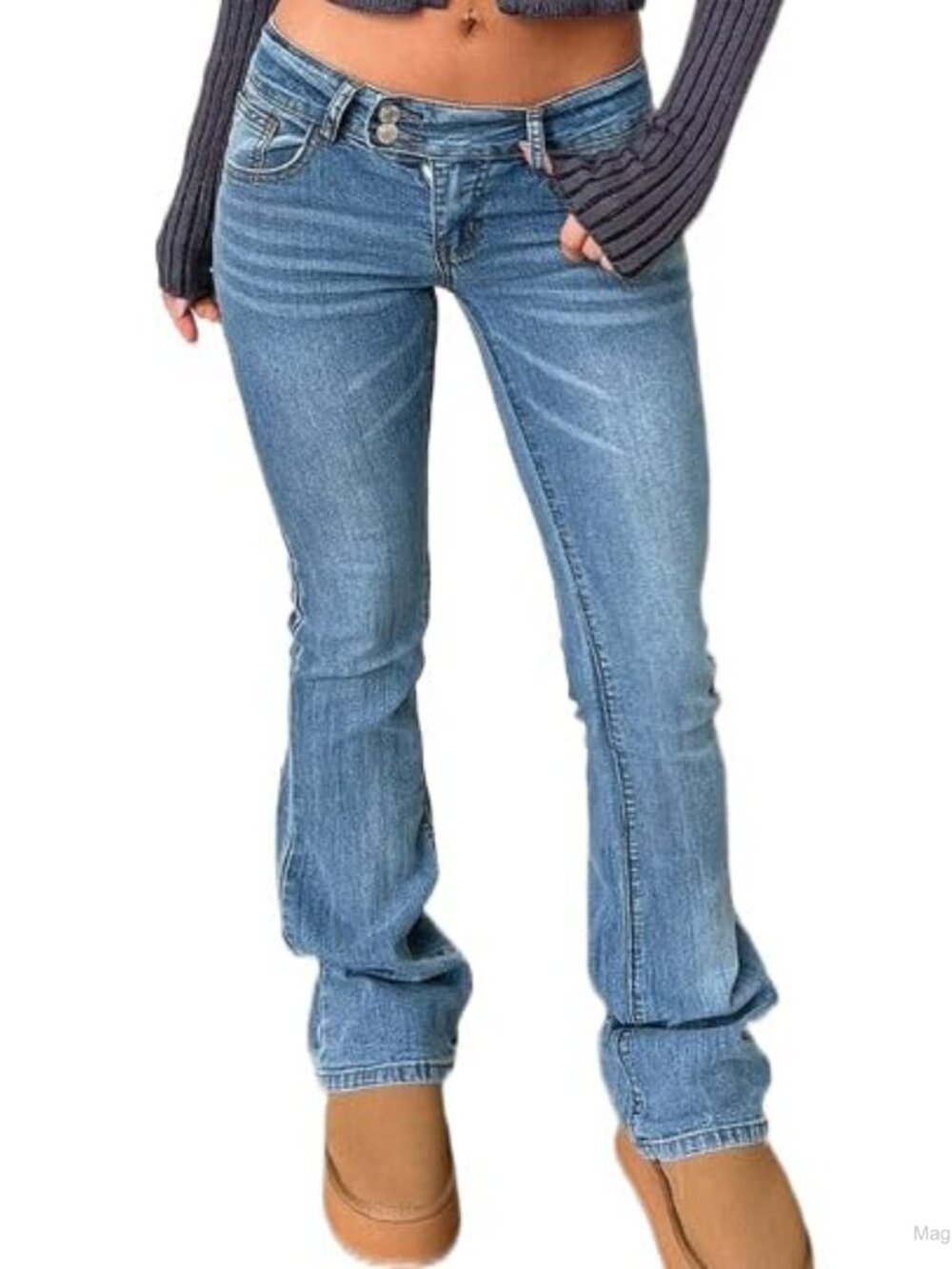 Women's Stretch Skinny Flare Jeans Double Button Low Rise